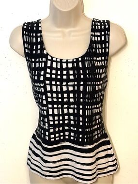 Calvin Klein Black and White Grid & Stripe Sleeveless Peplum Tank. Size M. EUC.